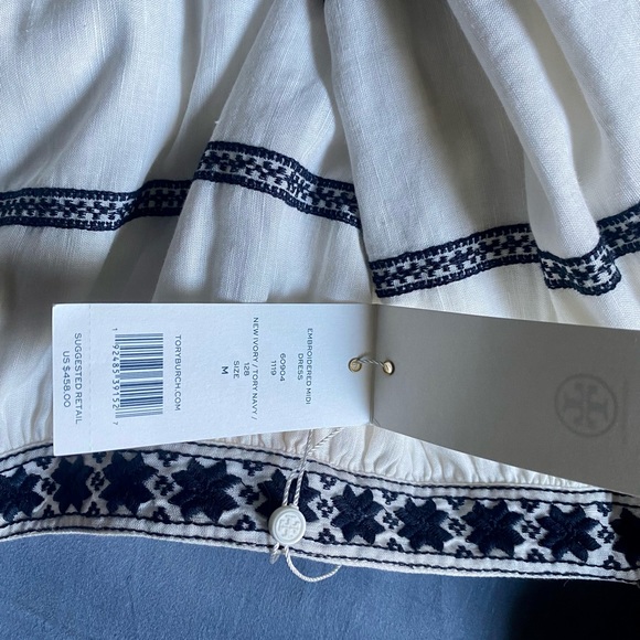 NWT Tory Burch Embroidered Midi Dress, Linen Blend, Ivory & Navy, Size M - Picture 11 of 11